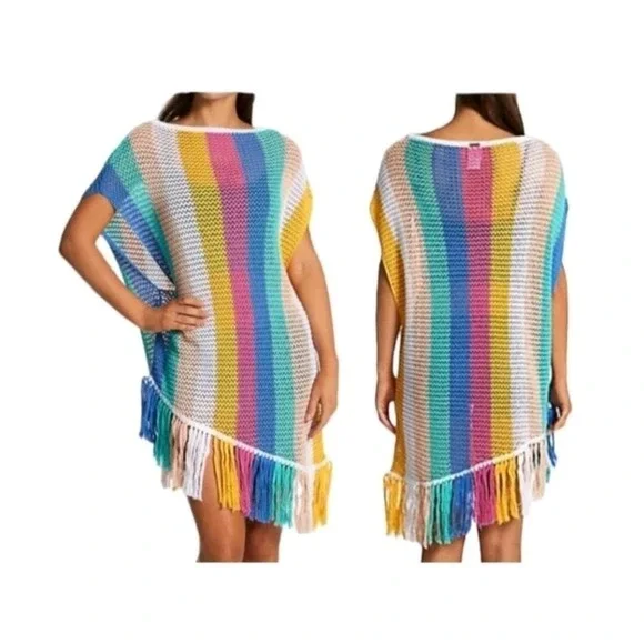 Body Glove Crochet Swim Cover Women Large Open Knit Fringe Unicorn Rainbow Beach - Picture 2 of 12